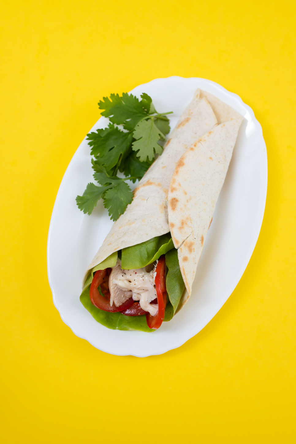 chicken and salad tortilla wraps on white dish on ceramic background